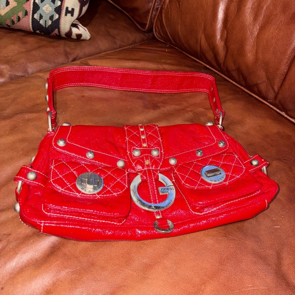 Y2K GUESS Red Patent Faux Satchel Shoulder Bag Glam Purse